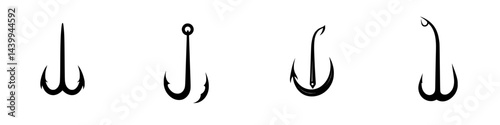 Vector illustration of four black and white fishing hooks in various designs suitable for fishing enthusiasts and graphic projects