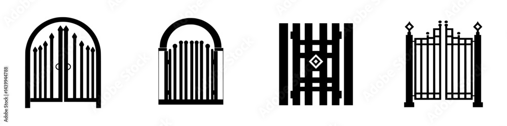 Various styles of black and white vector illustration gates showcasing unique designs and structural elements Various styles of black and white vector illustration gates showcasing unique designs and structural elements