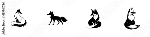 Stylized black and white vector illustration of fox designs including sitting and standing postures