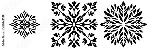 Snowflake design collection featuring intricate black and white vector illustrations for various design projects