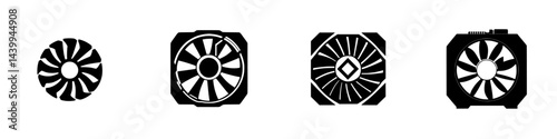 Vector illustration icons of fans displaying various designs and shapes in black and white format