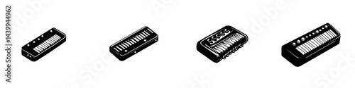 Vector illustration of harmonicas in various styles and designs showcasing musical instruments in black and white
