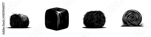 Different shapes and forms of hay bales are depicted in a black and white vector illustration