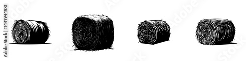 Black and white vector illustration of rolled hay bales for agricultural and farming themes