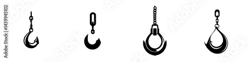 Vector illustration of various hook designs in black and white for industrial and mechanical applications