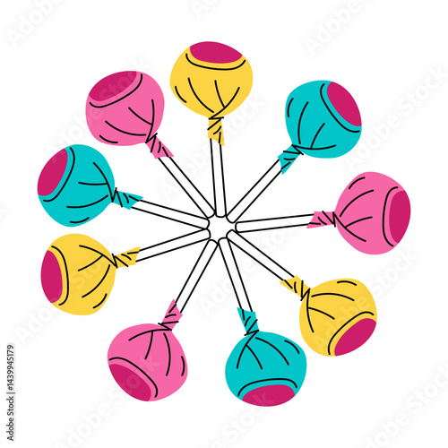 Colorful chupa chups in a circle, lollipops in a package. flat color illustration shows a group of candies on sticks. Private illustration. Bright yellow, pink, blue. Sweets of the 90s, 2000s. Retro