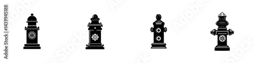 Various designs of vintage fire hydrants illustrated in black and white vector style showcasing unique shapes and details