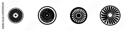 Vector illustration of various turbine designs in black and white showcasing intricate details and different perspectives