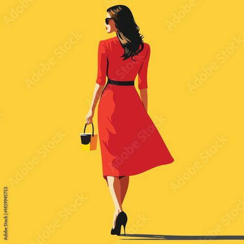 ai1745823494245_62.epsA stylish woman walking confidently while holding a takeaway coffee cup. She is wearing a fashionable red coat, black leggings, high heels, and carrying a yellow handbag. The ill