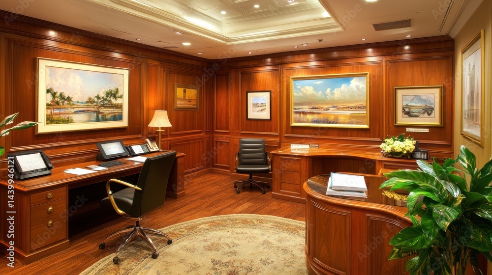 Fototapeta premium Luxury travel agency display with elegant brochures, fine leather chairs, and decor