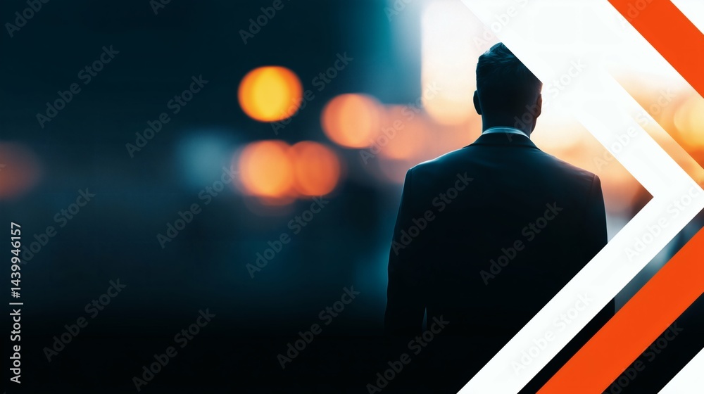 Businessman silhouette city background, Night city lights abstract, Concept of vision future success