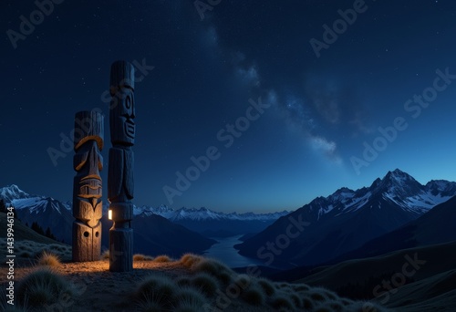 Night sky landscape with totem poles illuminated by starlight  