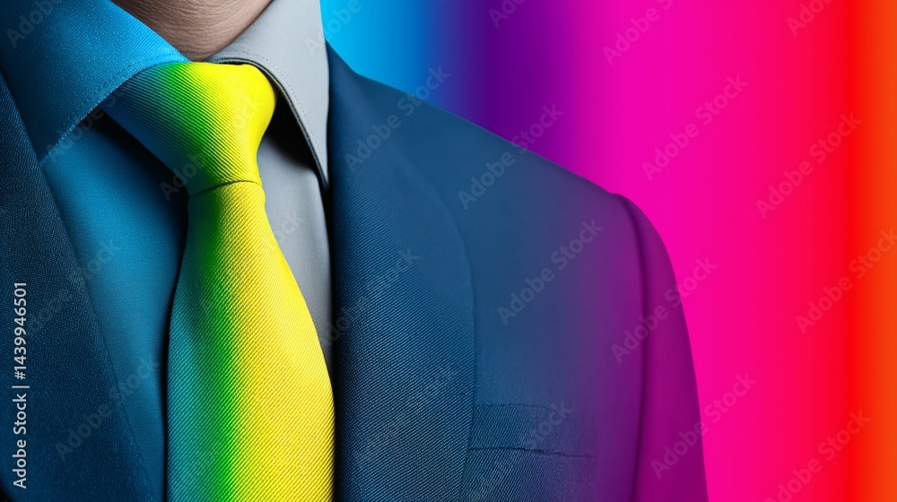 Close-up rainbow tie business suit, LGBTQ+ pride celebration detail, Modern professional diversity representation concept
