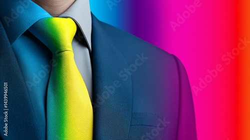 Obraz na płótnie Close-up rainbow tie business suit, LGBTQ+ pride celebration detail, Modern professional diversity representation concept w salonie