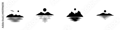 Vector illustration of minimalist mountain landscapes with sun and water reflections in black and white style