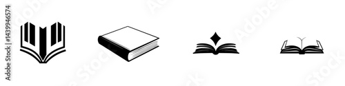 Black and white vector icons of diverse book designs, perfect for educational or literary themes