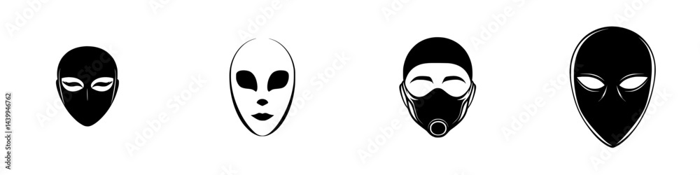 Set of alien and masked face icons in black and white vector illustration for diverse design applications Set of alien and masked face icons in black and white vector illustration for diverse design applications