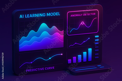3D AI Learning Model Dashboard with Trend Analytics and Predictive Curves

