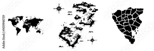 Black and white vector illustration of world map, mountainous terrain map, and stylized region outline