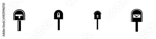 Vector illustration of four mailbox icons in black and white showcasing different designs and features