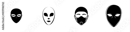 Set of alien and masked face icons in black and white vector illustration for diverse design applications
