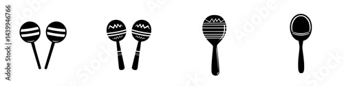 Various black and white vector illustrations of musical maracas and shakers displayed in a minimalist style