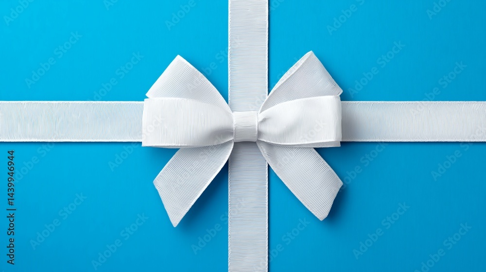 Elegant white bow on blue, Gift ribbon decoration, Concept of celebration and event design