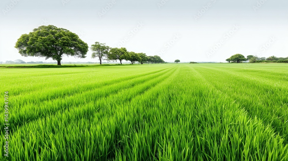 Green farmland with rows of trees, Wide agricultural field with bright sky, Concept of agriculture and rural development