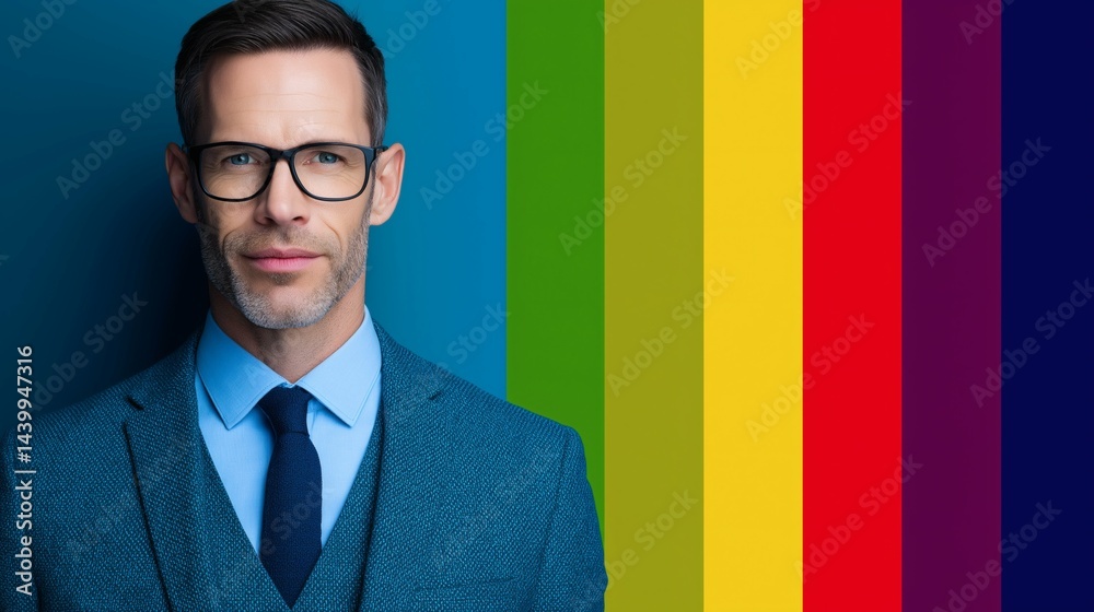 Man with glasses against rainbow vertical stripes