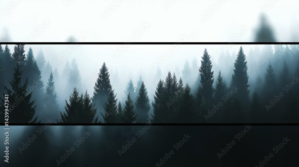 Misty pine forest with stripe effect, Serene foggy landscape background, Concept of mystery and calmness