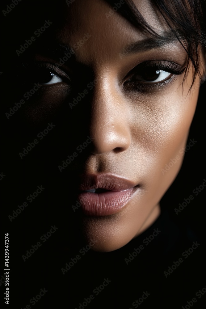 Mysterious woman face in shadow, Intimate dramatic portrait, Concept of secrecy and emotion