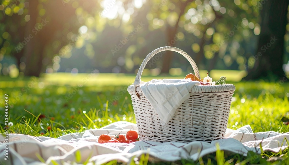 Picnic at the park, white wicker basket full of food Picnic at the park, white wicker basket full of food
