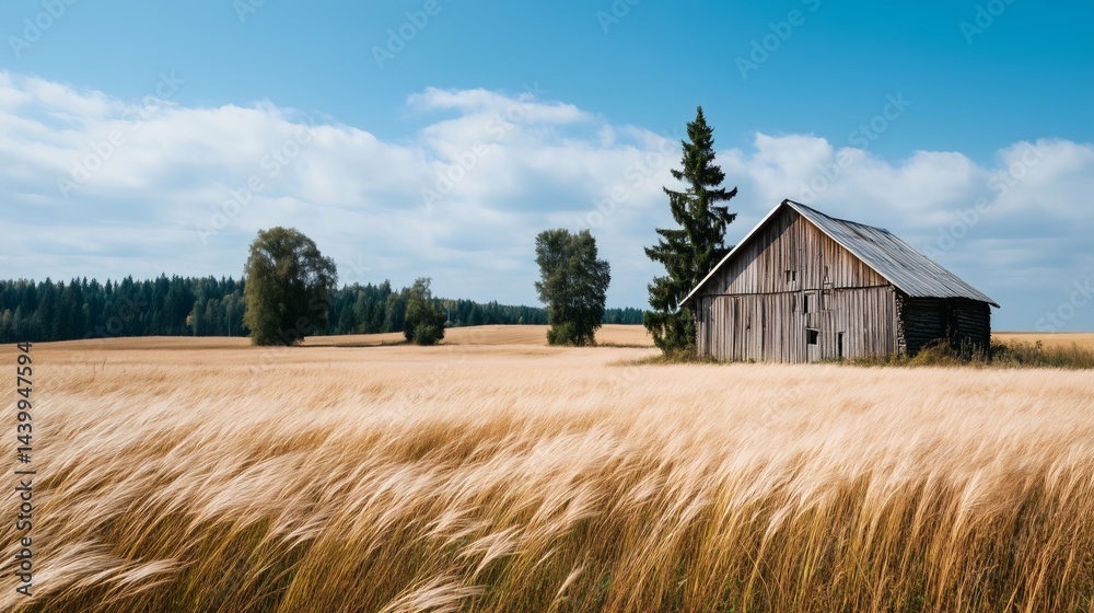 Rustic barn in golden wheat field
