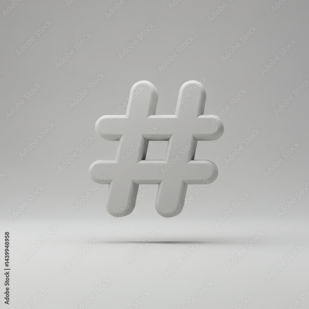 Obraz premium Elegant 3D Rendering of a Hashtag Symbol on Clean White Background, conveying simplicity and modernity for digital content