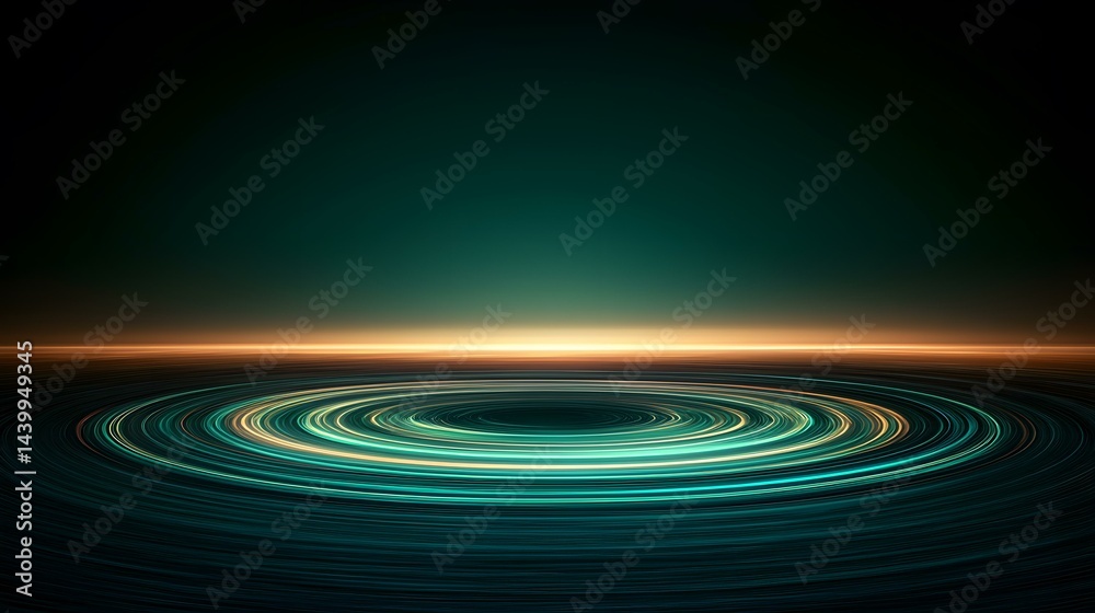 Obraz premium The image shows a dark teal and orange abstract background with concentric circles of light emanating from the center.