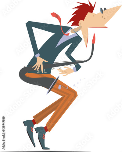 Cartoon saxophonist. Musician plays saxophone. Saxophonist plays music with the great inspiration. Isolated on white background