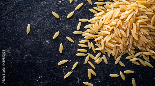 A pile of orzo pasta grains scattered across a dark surface, resembling rice, with a subtle sheen reflecting off the pasta.