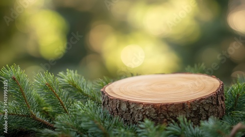 Close-up of a textured tree stump platform embraced by vibrant evergreen branches