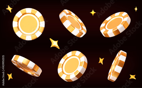 3d golden casino poker chips and stars. Gold and white chips for betting and gambling games. Gradient mesh. Stock vector illustration on isolated background.	