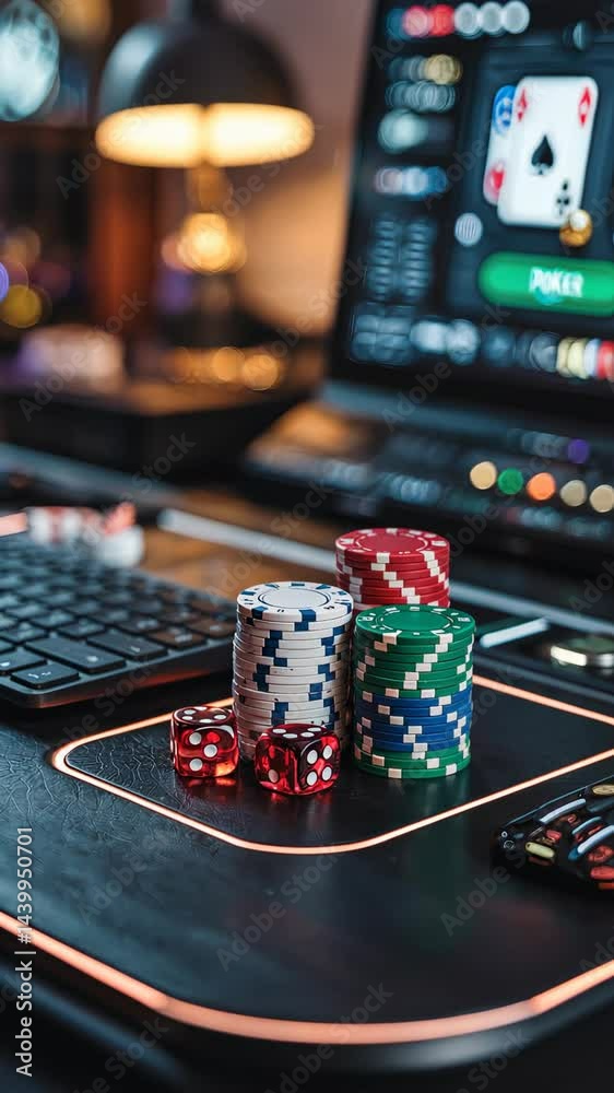 Poker chips, dice scattered across gaming mat, backlit by online poker interface glowing on computer screen.