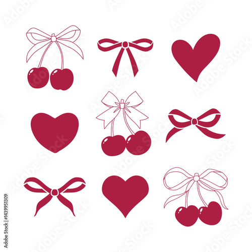 Red cherry with scarlet gift bow coquette. Vector Illustration set of vintage bows, hearts, tasty rose cherries. Cute trendy stickers. Pretty ribbons set. Trendy cozy decoration. Maroon berries