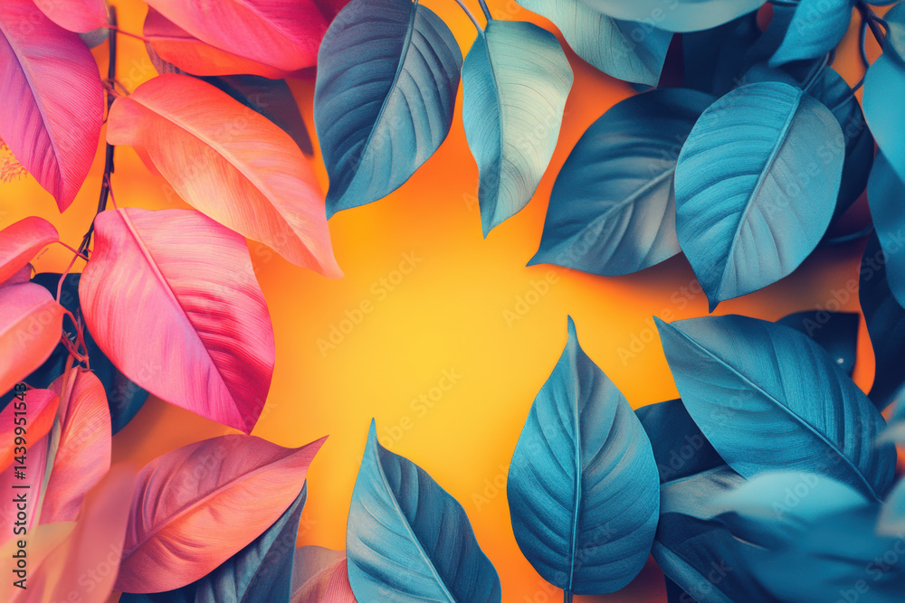 Fototapeta premium Colorful Leaves Graphic Design. This vibrant nature-inspired graphic design showcases colorful leaves in pinks, blues, and orange against a warm background. A perfect visual for artistic projects.