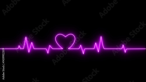 Heartbeat pulse electrocardiogram rhythm on black background. Neon heartbeat icon on black background.