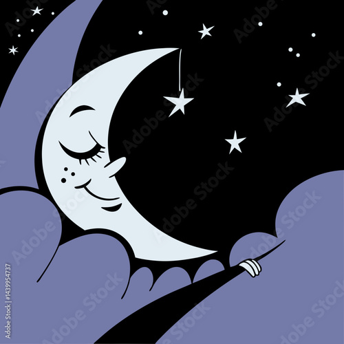 A charming cartoon of a sleeping moon surrounded by stars, perfect for bedtime-themed designs and children's illustrations.
