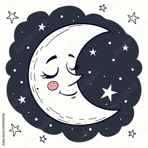 A charming cartoon of a sleeping moon surrounded by stars, perfect for bedtime-themed designs and children's illustrations.
