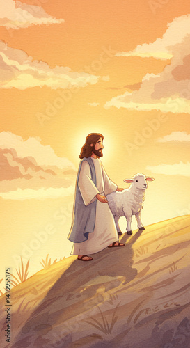 Jesus Christ Gently Touching a Lamb in a Warm Sunny Landscape