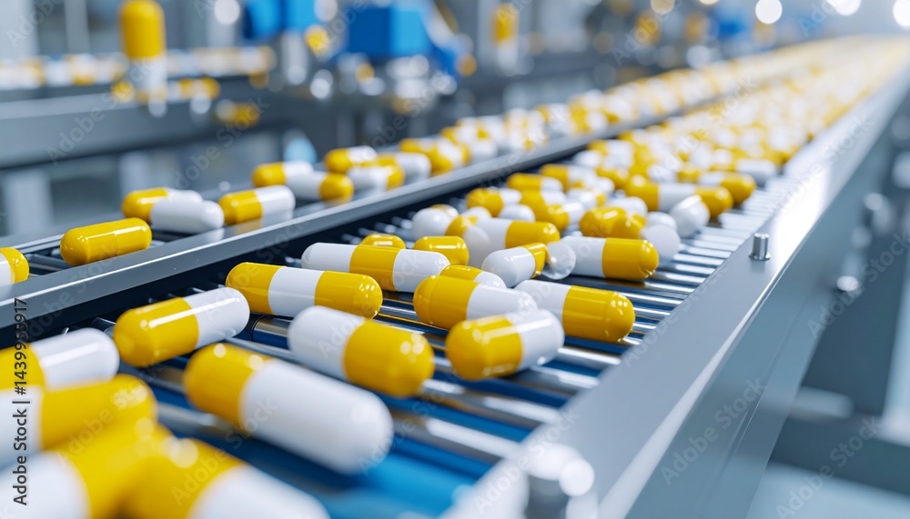 Fototapeta premium Capsules on Conveyor at Modern Pharmaceutical Factory. 