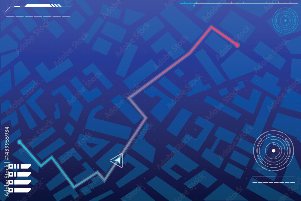 Navigation map game. Futuristic UI for city streets roadmap, gps orientation, app vector template. Road direction in digital navigation map on screen display