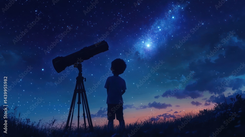 A Young Astronomer's Gaze: Exploring the Cosmos with a Telescope Under Starlit Skies A Young Astronomer's Gaze: Exploring the Cosmos with a Telescope Under Starlit Skies