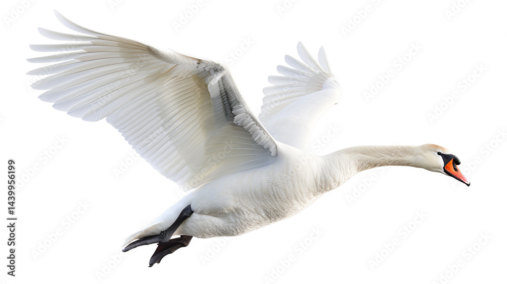 Obraz premium Elegant mute swan in flight with its large white wings spread wide. Isolated on a clean white background.